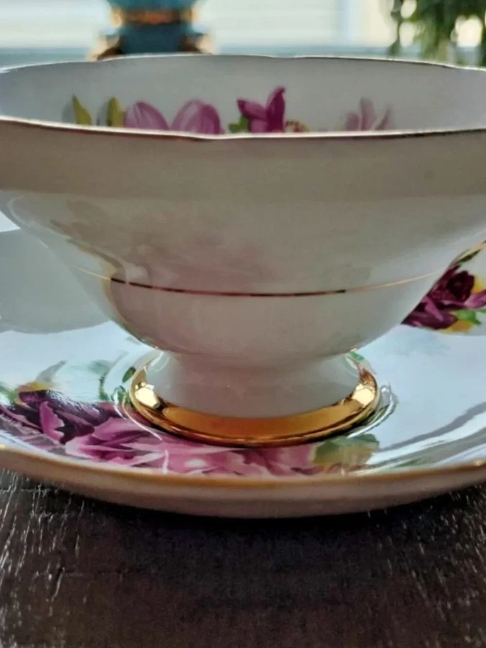Vintage Crownford Teacup & Saucer Pink-Yellow Flowers + Gilt Scalloped Edges